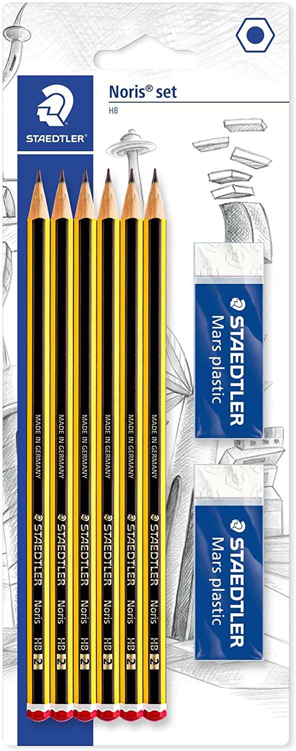staedtler noris 120 pack de 6 lapices de grafito hexagonales 2hb + 2 gomas de borrar mars plastic madera de bosques sostenibles