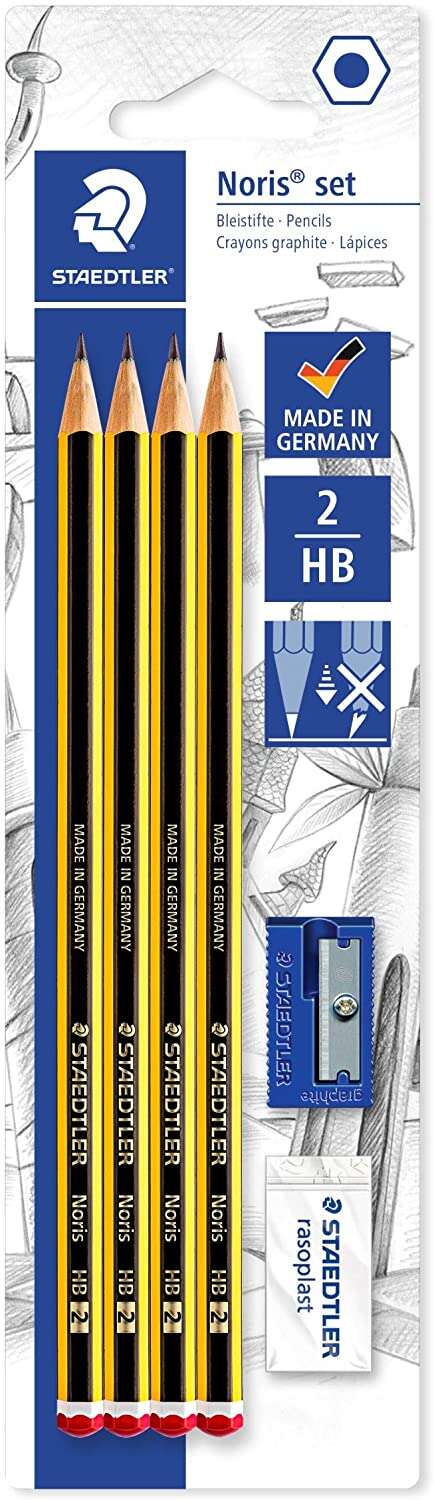 staedtler noris 120 pack de 4 lapices de grafito hexagonales 2hb + 1 goma de borrar rasoplast + 1 sacapuntas resistencia a la rotura madera de bosques sostenibles
