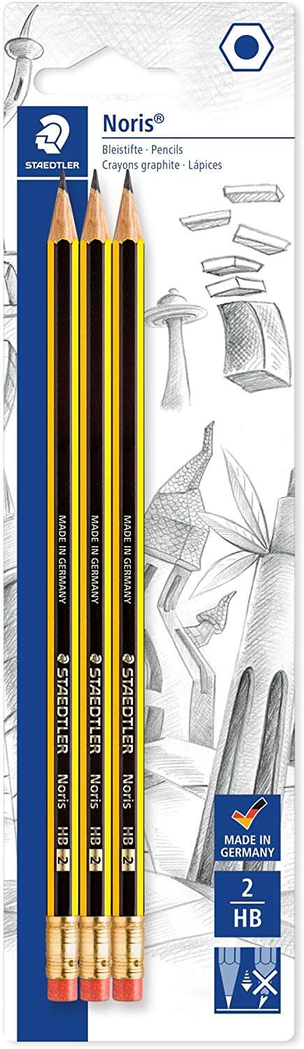 staedtler noris 122 pack de 3 lapices de grafito hexagonales 2hb con goma resistencia a la rotura madera de bosques sostenibles