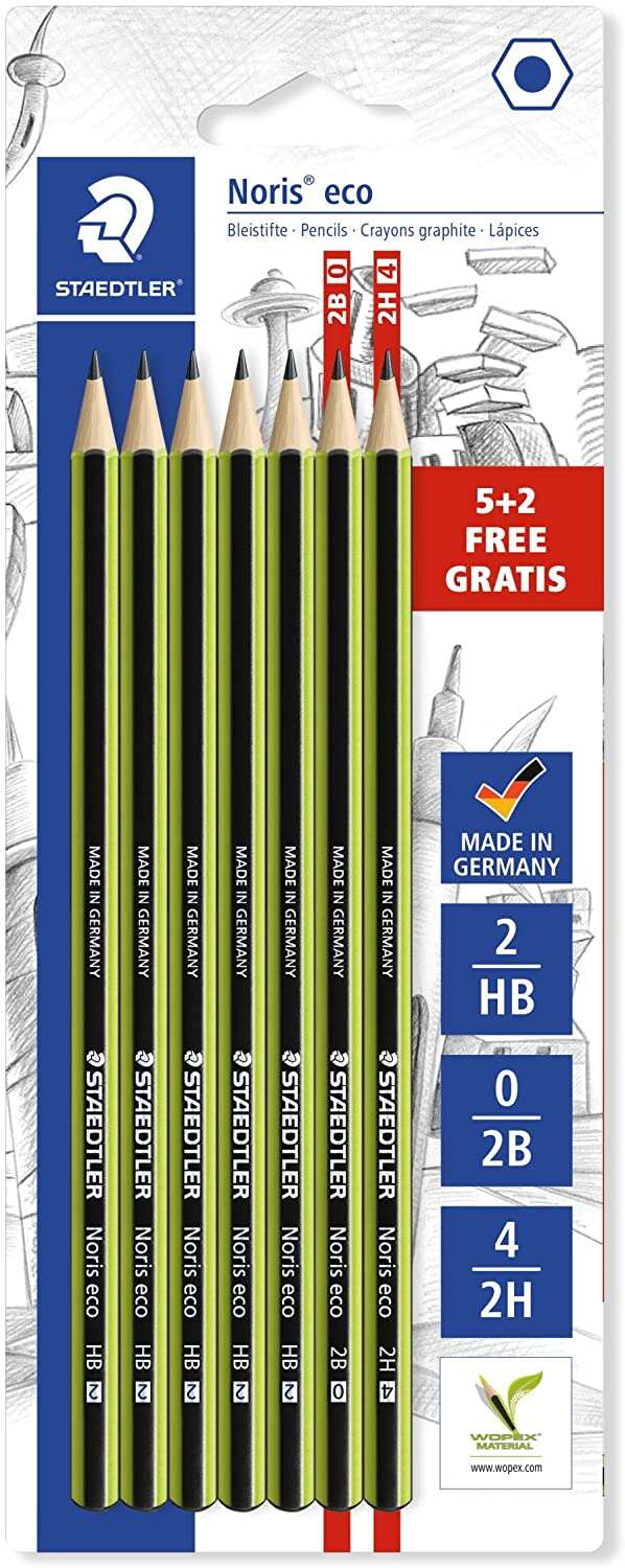 staedtler noris eco pack de 7 lapices de grafito hexagonales graduaciones surtidas superficie aterciopelada mina de deslizamiento suave resistencia a la rotura