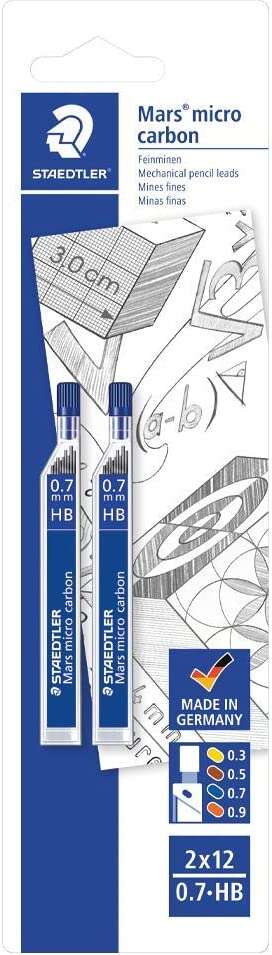 staedtler micro carbon 250 pack de 2 tubos de 12 minas mina hb de 0.7mm resistencia a la rotura 90% procedente de materiales naturales