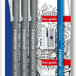 staedtler pigment liner 308 pack de 3 rotuladores calibrados negros, trazos surtidos + 1 goma de borrar + 1 sacapuntas + 1 lapiz 2b color negro