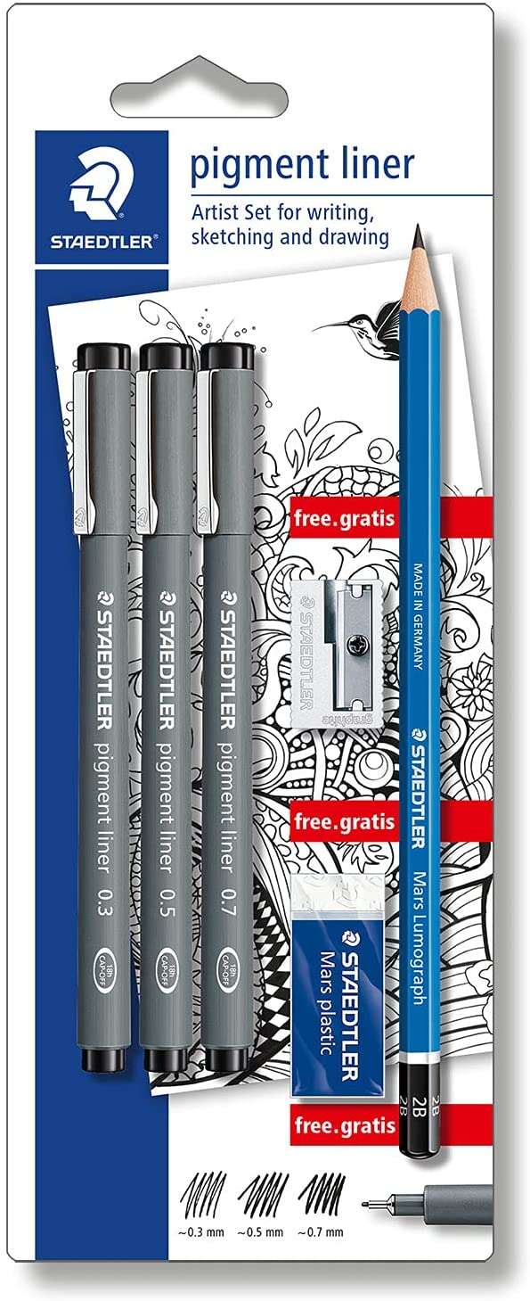 staedtler pigment liner 308 pack de 3 rotuladores calibrados negros, trazos surtidos + 1 goma de borrar + 1 sacapuntas + 1 lapiz 2b color negro