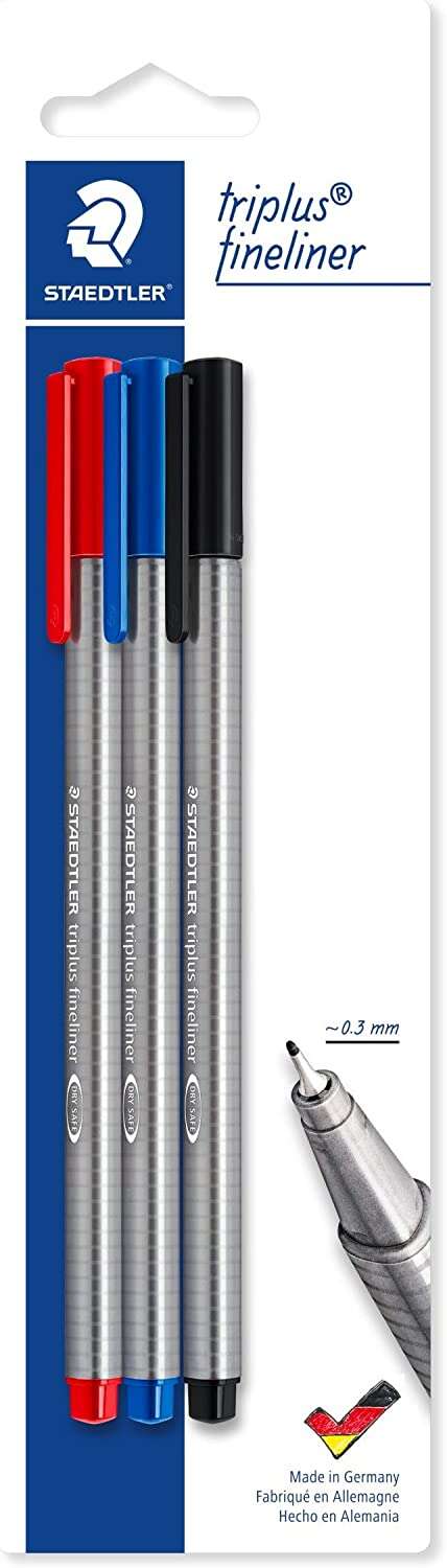 staedtler triplus fineliner 334 pack de 3 rotuladores de punta fina trazo de 0.3mm aprox diseño ergonomico tinta base de agua colores surtidos