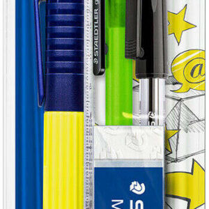 staedtler pack escolar compuesto por 1 marcador amarillo + 1 goma de borrar + 1 boligrafo negro + 1 portaminas de 0.5mm + 1 regla
