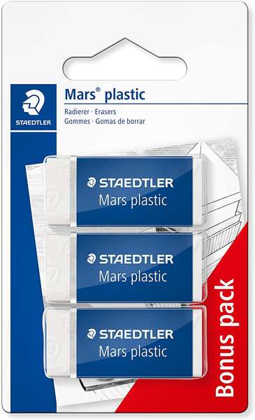 staedtler mars plastic pack de 3 gomas de borrar plastico alta precision color blanco