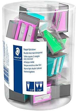 staedtler expositor con 18 sacapuntas de plastico 2 agujeros angulo de afilado 23° y 30° colores surtidos