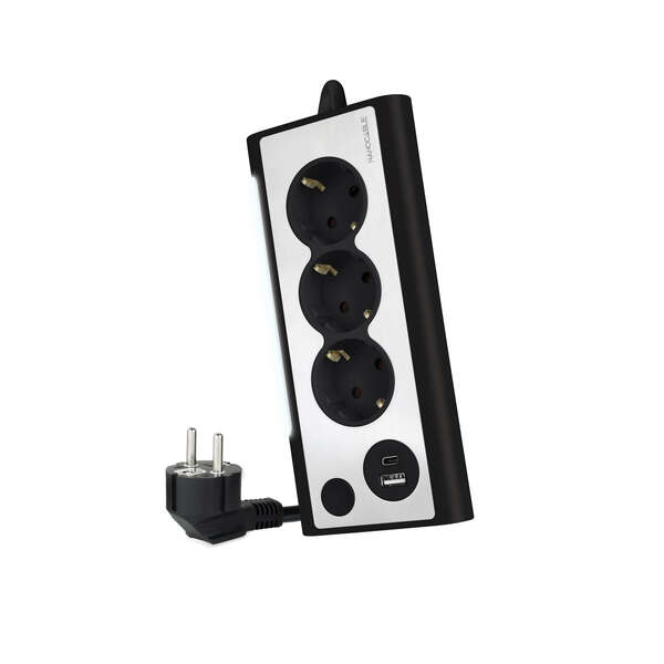 nanocable regleta de sobremesa con 3x shuckos, 1x usb c y 1x usb a iluminacion led con interruptor cable de 1.50m