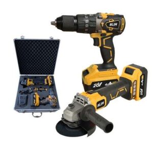 blim pack radial a bateria 20v 4ah velocidad 8500rpm diametro disco 115mm + taladro percutor 20v 4ah par maximo 68nm velocidades 0 500rpm y 0 2000rpm incluye 2 baterias y maletin de transporte de aluminio con accesorios