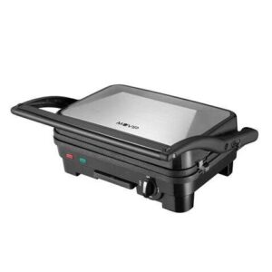 muvip sandwichera inox 1800w placas antiadherentes reversibles grill, lisa selector de temperatura placa superior basculante asas tacto frio