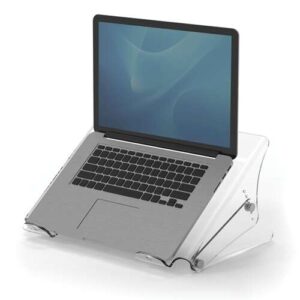 fellowes clarity soporte para portatil ajustable en 6 alturas plataforma con ranuras hasta 6kg color transparente