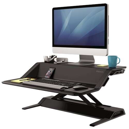 fellowes sit stand lotus estación de trabajo 22 ajustes en altura ofrece una maxima estabilidad dos amplias superficies color negro