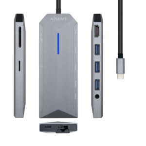 aisens dock 9 en 1 hub usb c 3.0 con 3x usb a 3.0, 1x hdmi 1x rj45, 1x pd 100w, 1x audio 3.5mm, 1x lector sd, 1x lector microsd carcasa de aluminio cable de 0.15m