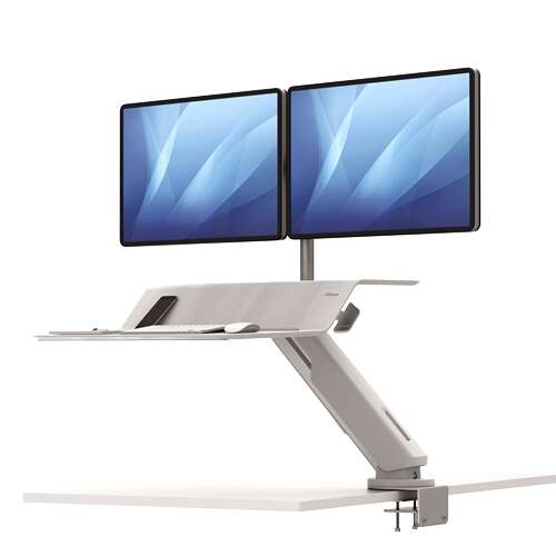 fellowes sit stand lotus rt estacion de trabajo doble amplia superficie incluye brazo monitor superficie de madera resistente color blanco