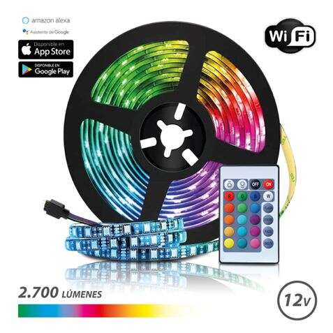 elbat tira led rgb wifi 12v 2700lm 30 led por metro control remoto longitud 5m