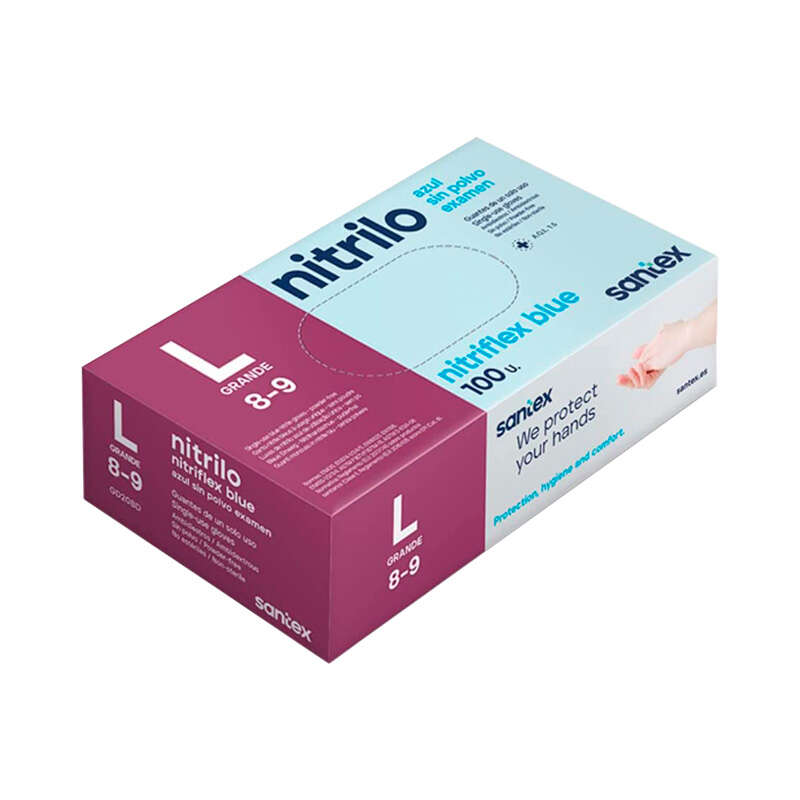 santex nitriflex blue pack de 100 guantes de nitrilo para examen talla l 3.5 gramos sin polvo libre de latex no esteriles color azul