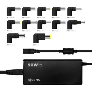 aisens cargador 90w automatico universal multitension para portatil con 12 conectores + usb a qc.3.0 color negro