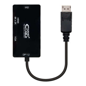 nanocable conversor displayport a vga / dvi / hdmi 3 en 1 dp 1.2/m vga/h dvi/h hdmi/h 4k 15 cm color negro