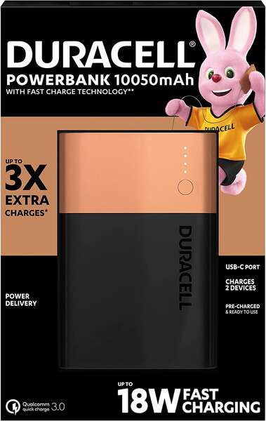 duracell bateria externa/power bank 10050mah pd 18w y qc 3.0 1x usb a, 1x usb c indicadores led 2 dispositivos simultaneamente