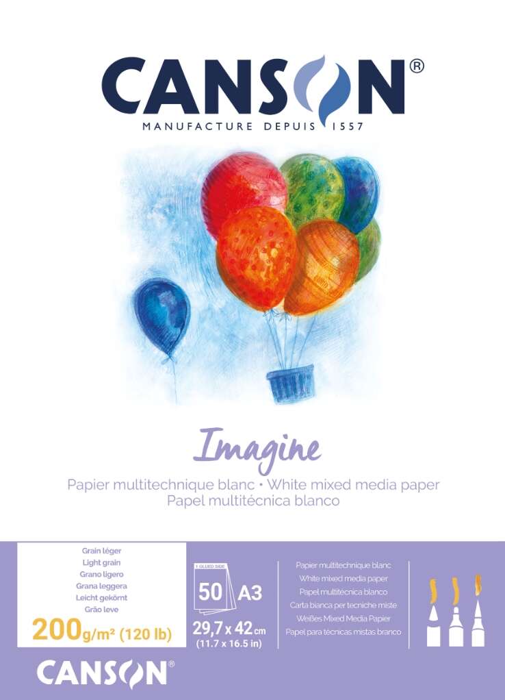 canson imagine bloc encolado de 50 hojas a3 grano fino 29.7x42cm 200g color blanco