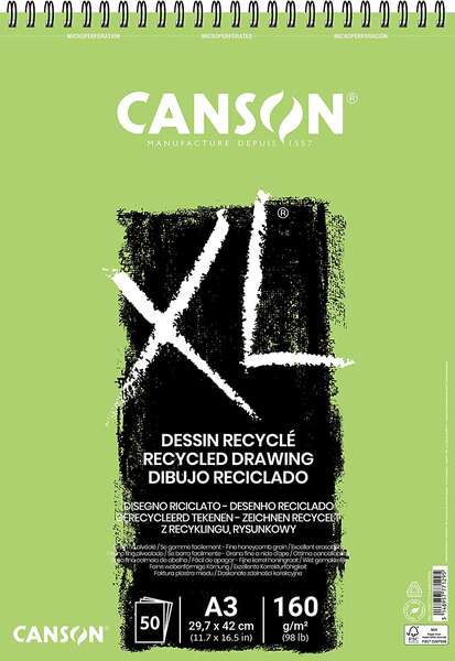 canson xl recycled bloc de dibujo con 50 hojas a3 espiral microperforado grano fino 160g color blanco