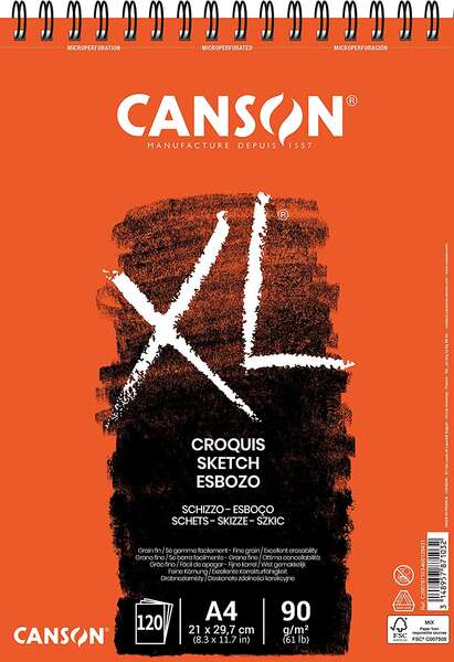 canson xl bloc de croquis con 120 hojas a4 espiral microperforado 21x29.7cm 90g color marfil