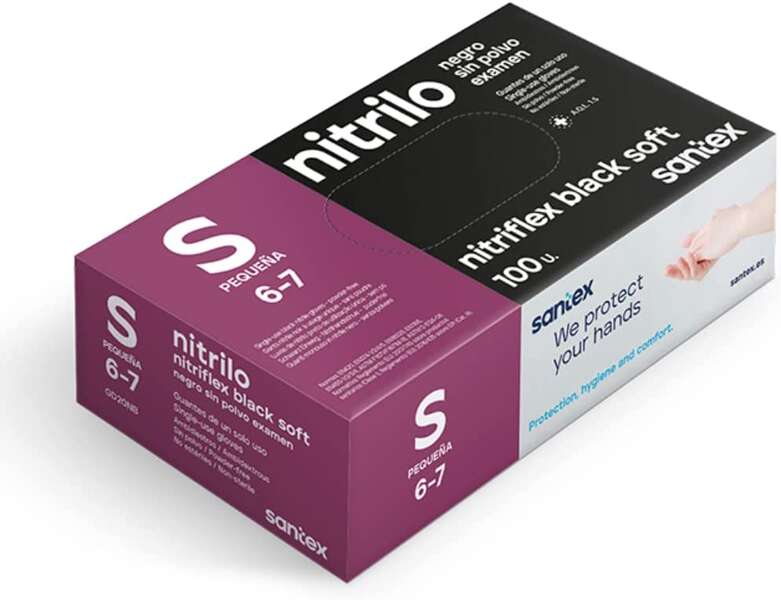 santex nitriflex black soft pack de 100 guantes de nitrilo para examen talla s 3.5 gramos sin polvo libre de latex no esteriles color negro