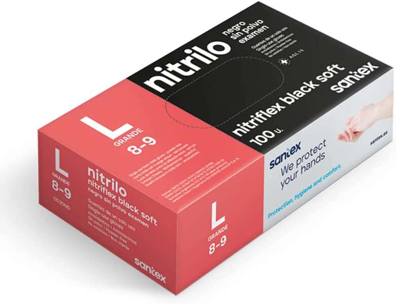 santex nitriflex black soft pack de 100 guantes de nitrilo para examen talla l 3.5 gramos sin polvo libre de latex no esteriles color negro