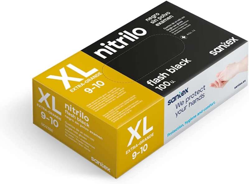 santex flash black pack de 100 guantes de nitrilo talla xl 6 gramos sin polvo libre de latex no esteriles color negro
