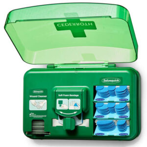 cederroth dispensador para el cuidado de heridas incluye diferentes tamaños de apositos color azul, toallitas para heridas y venda autoadherente