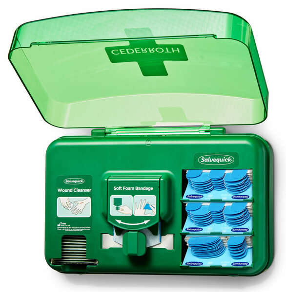cederroth dispensador para el cuidado de heridas incluye diferentes tamaños de apositos color azul, toallitas para heridas y venda autoadherente