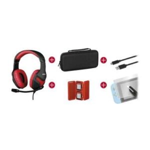 konix mythics gamer switch pack auriculares + funda de transporte + protector pantalla vidrio templado + estuche para 4 cartuchos de juego + cable usb a usb c