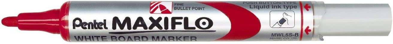 pentel maxiflo rotulador para pizarra blanca regulacion del flujo de tinta punta de bala ancho de linea 2mm 50% de materiales reciclados color rojo
