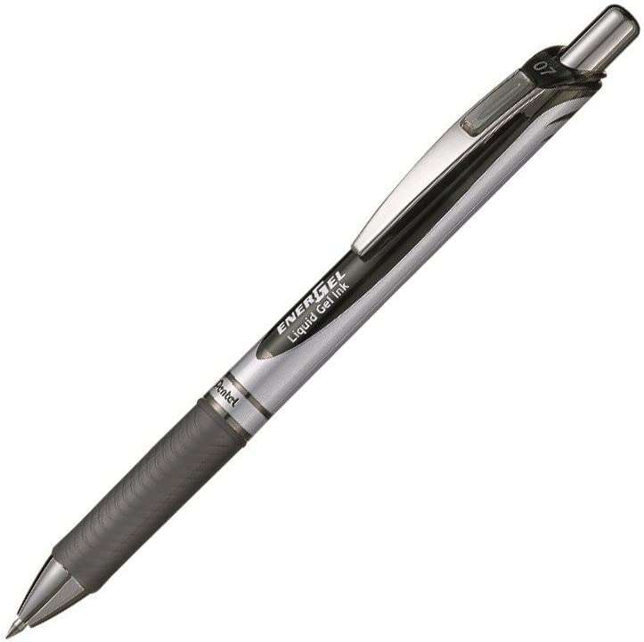 pentel energel boligrafo de bola retractil punta 0.7mm trazo 0.35mm tinta gel recargable grip de agarre clip de metal 50% de materiales reciclados color negro