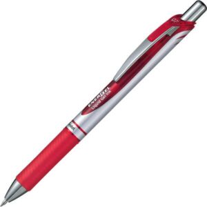 pentel energel boligrafo de bola retractil tinta gel punta 0.7mm trazo 0.35mm recargable grip de agarre clip de metal 54% de materiales reciclados color rojo