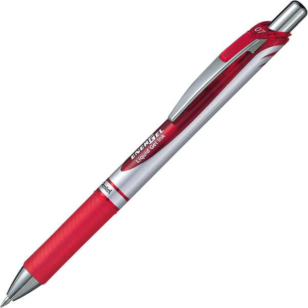 pentel energel boligrafo de bola retractil tinta gel punta 0.7mm trazo 0.35mm recargable grip de agarre clip de metal 54% de materiales reciclados color rojo
