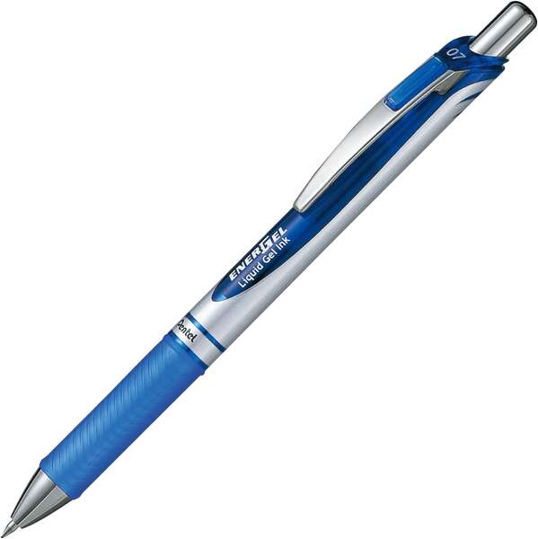 pentel energel boligrafo de bola retractil punta 0.7mm trazo 0.35mm tinta gel recargable grip de agarre clip de metal 50% de materiales reciclados color azul