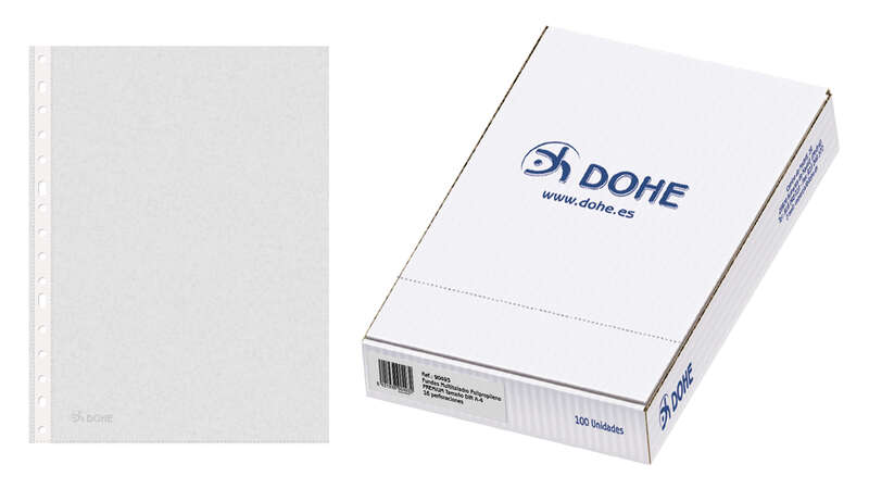 dohe caja de 100 fundas multitaladro premium 80 micras a4 16 perforaciones polipropileno rugoso transparentes