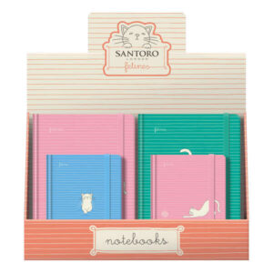 dohe santoro felines expositor de 12 cuadernos cartone tamaños a5 y a6 96 hojas lisas en papel ahuesado de 80 g/m2 cierre con goma elastica
