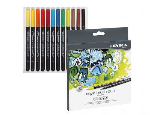 lyra aqua brush duo pack 12 rotuladores de doble punta punta pincel 4mm, punta fina 2mm tinta base de agua colores surtidos