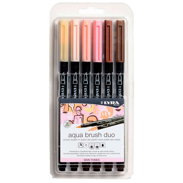 lyra aqua brush duo skin tones pack 6 rotuladores de doble punta punta pincel 4mm, punta fina 2mm tinta base de agua colores basados en tonos de piel