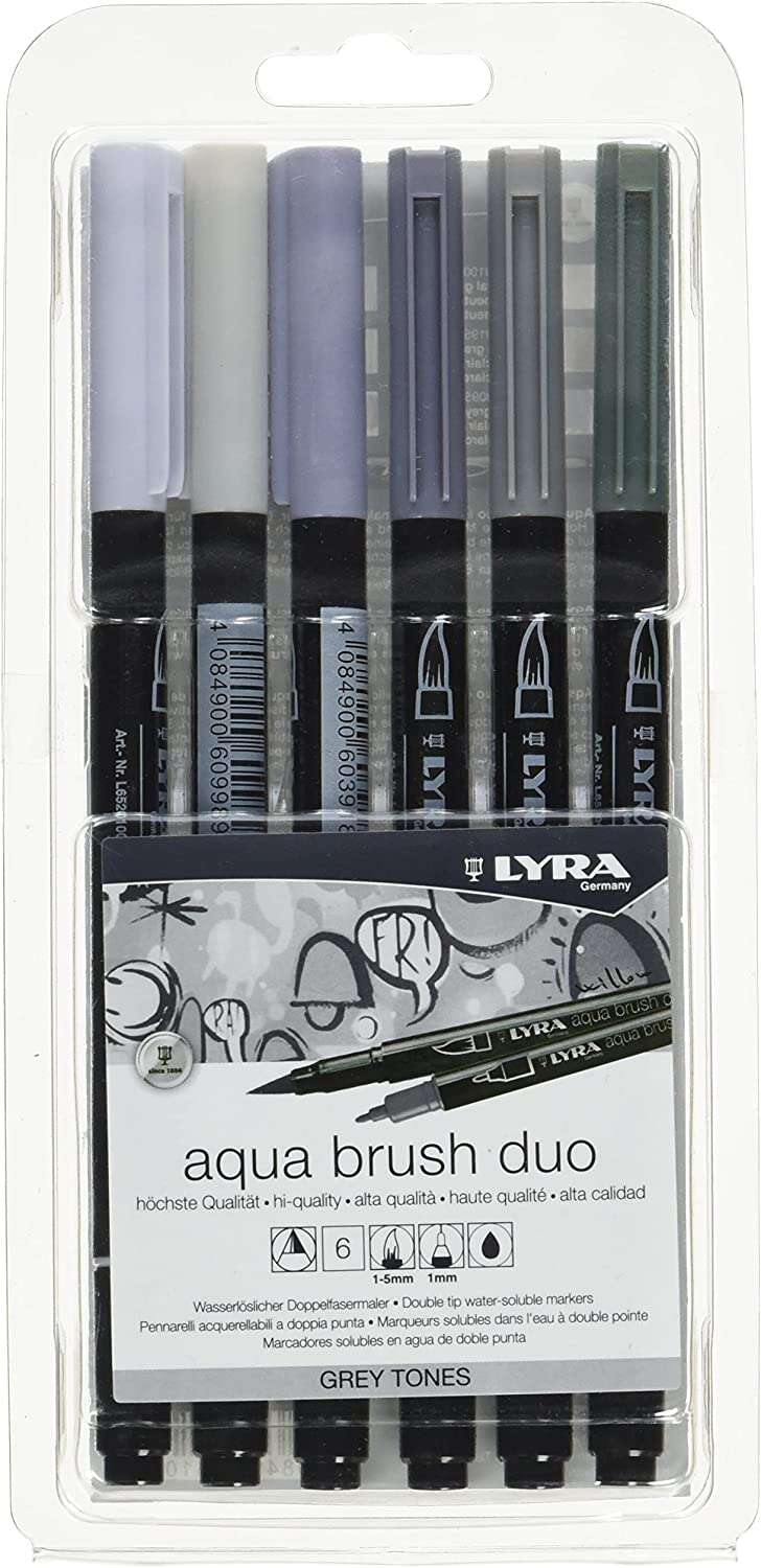 lyra aqua brush duo pack 6 rotuladores de doble punta trazos 1 5 y 1mm tinta base de agua colores tonos grises