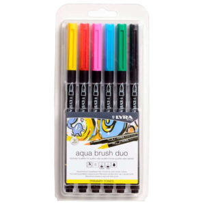 lyra aqua brush duo basic tones pack 6 rotuladores de doble punta punta pincel 4mm, punta fina 2mm tinta base de agua colores basicos surtidos