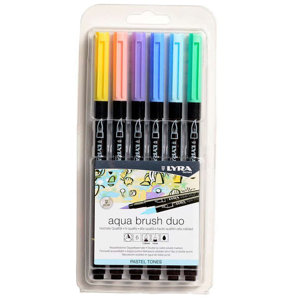 lyra aqua brush duo pastel tones pack 6 rotuladores de doble punta punta pincel 4mm, punta fina 2mm tinta base de agua colores tonos pastel