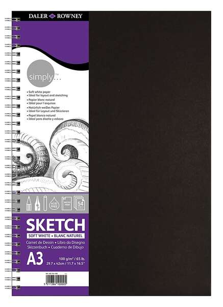 daler rowney simply cuaderno de dibujo a3 cubierta rigida con encuadernacion en espiral 100g/m2 color blanco