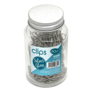 dohe bote de cristal con 60 clips metalicos de 50mm color plata brillante