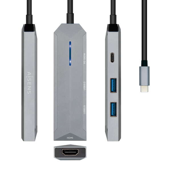 aisens usb c dock 4 en 1 usb c a 1xhdmi 2xusb 1xpd 15cm color gris