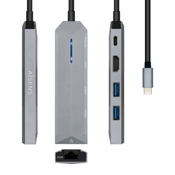 aisens usb c dock 5 en 1 usb c a 1xhdmi 1xrj45 2xusb 1xpd 15cm color gris