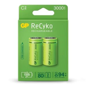 gp recyko pack de 2 pilas recargables 3000mah c 1.2v precargadas ciclo de vida: hasta 1000 veces