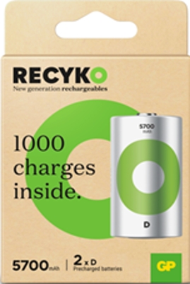 gp recyko pack de 2 pilas recargables 5700mah d 1.2v precargadas ciclo de vida: hasta 1000 veces